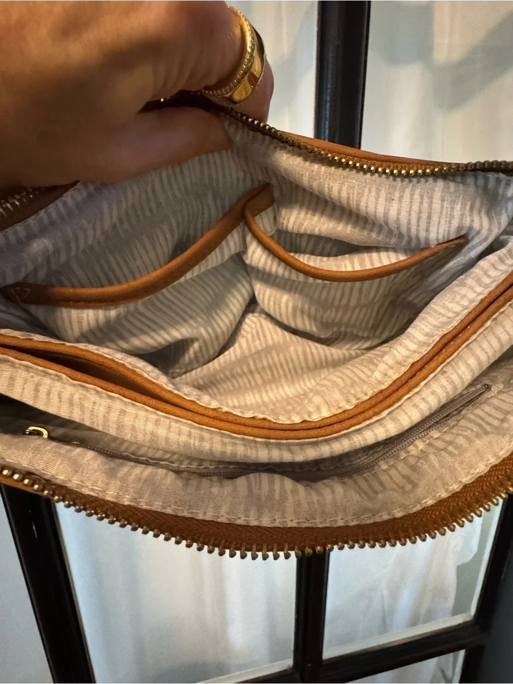 Tan Faux Leather Crossbody Bag with Laser-Cut Detail